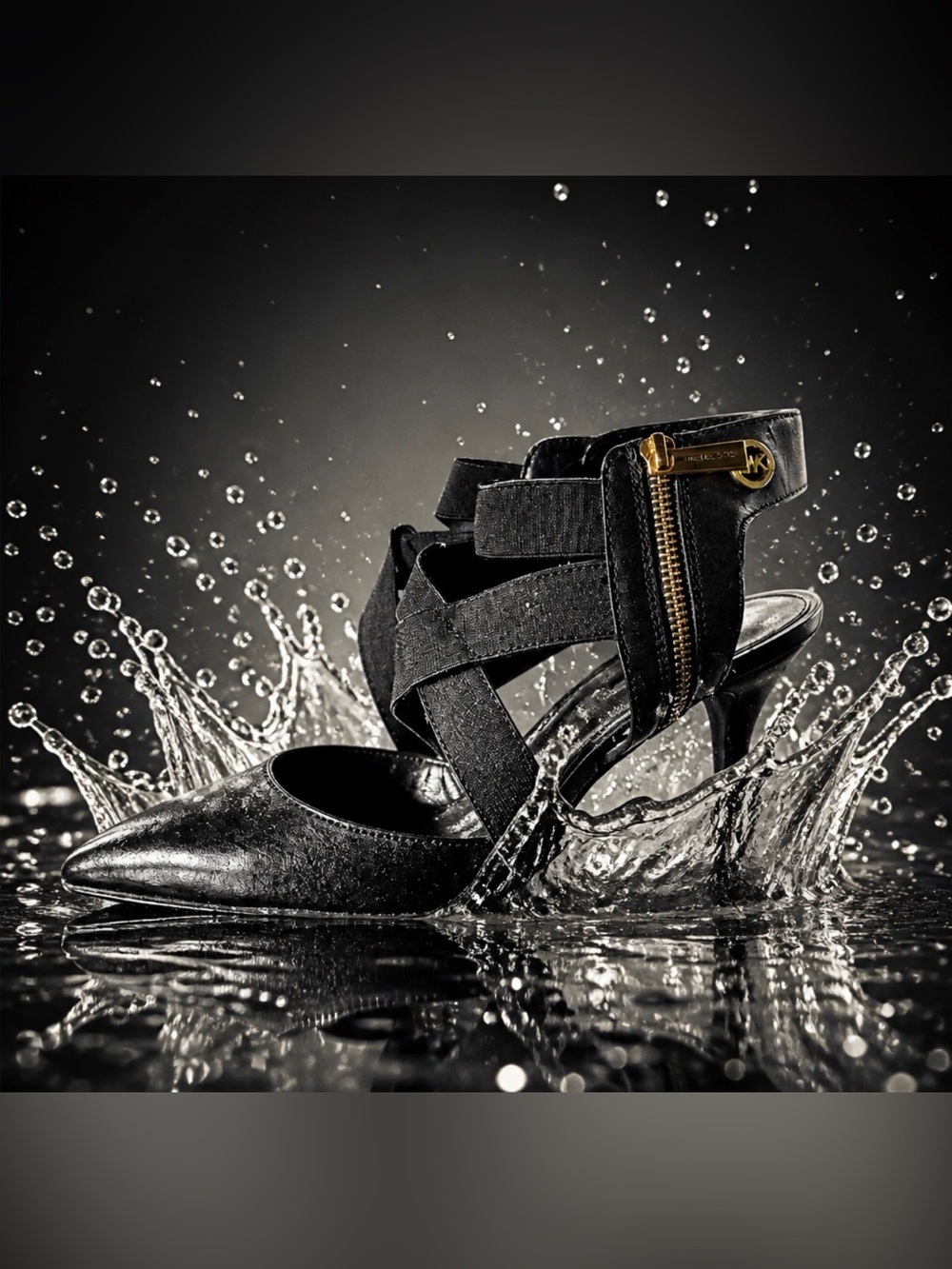 Michael Kors Black Strappy Zip-Heel Sandals with Gold Accent